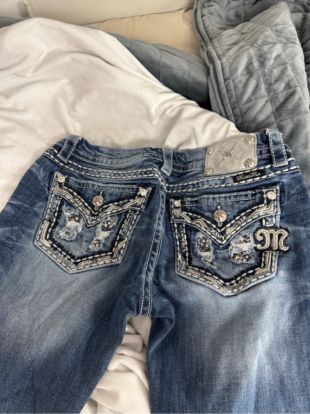 Miss Me Blue Straight Leg Jeans with Silver Accents